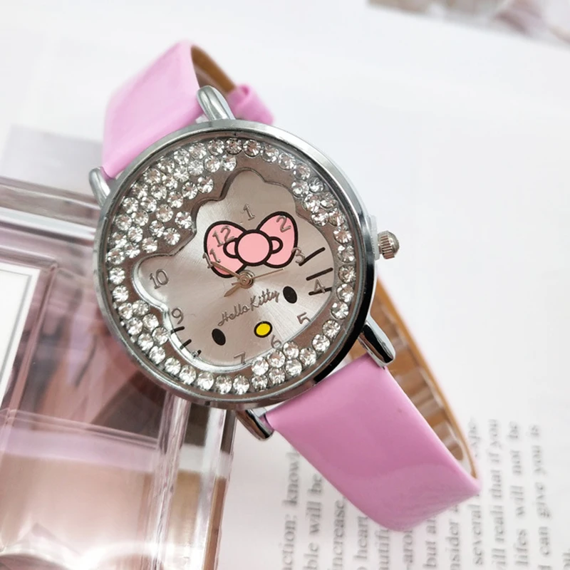 Miniso Anime Cartoon Sanrio Hello Kitty Diamond Round Quartz Girls Students Watch Fashion Kids Leather Belt Watch Birthday Gifts