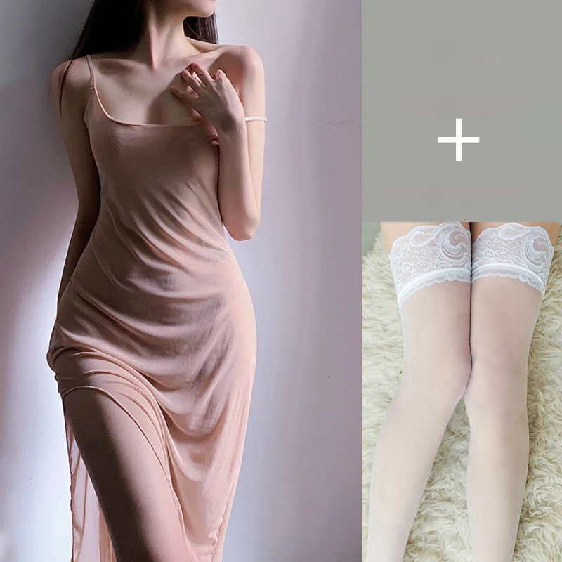 Sexy underwear sling mesh thin women sexy long dress transparent open back seductive night dress