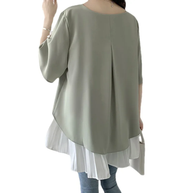 2024 New Lotte Round Neck Five-quarter Sleeves Loose Hem Stitching Pleated Short-sleeved Irregular Chiffon Shirt For Women