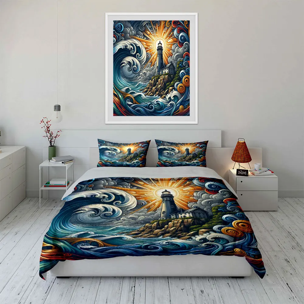 

"Ocean Lighthouse Art Decor" Multiple sizes kid's and adults' bedroom Exquisite 3PC bedding set, gift