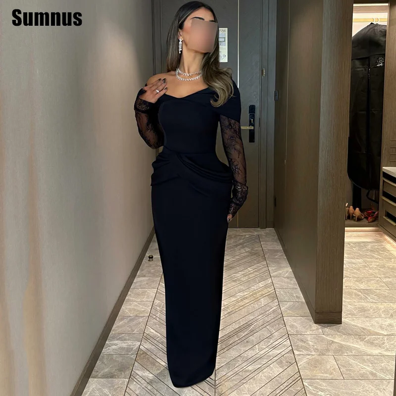 

Sumnus Elegant Straight Evening Dresses Full Lace Sleeves Off Shoulder Maxi Formal Dresses Gala فساتين سهرة Customized