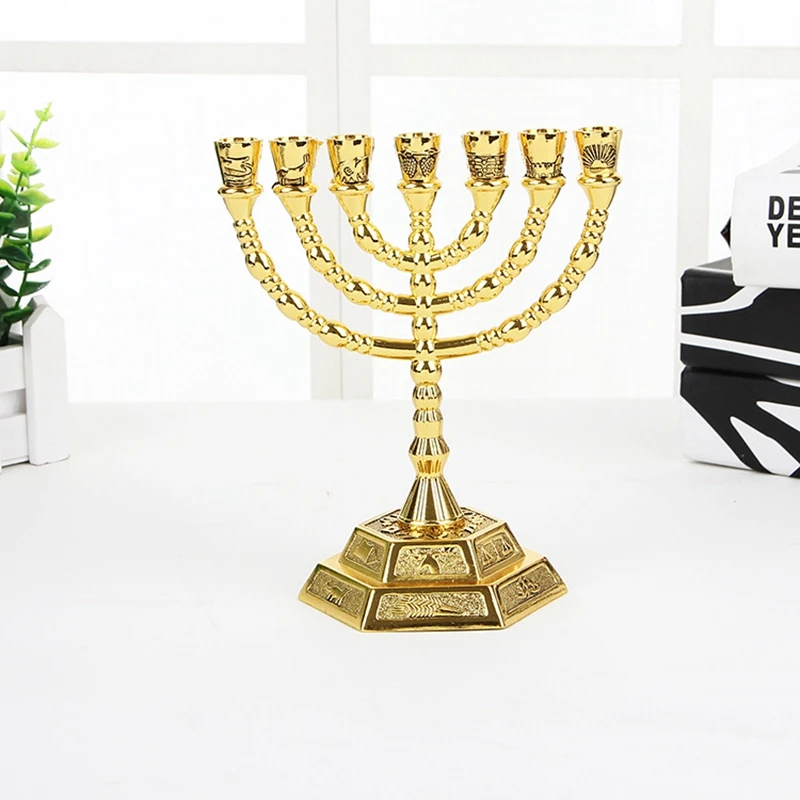 ABUN-Golden Jewish Menorah Candle-Holders Religions Candelabra Hanukkah Candlesticks 7 Branch Menorah
