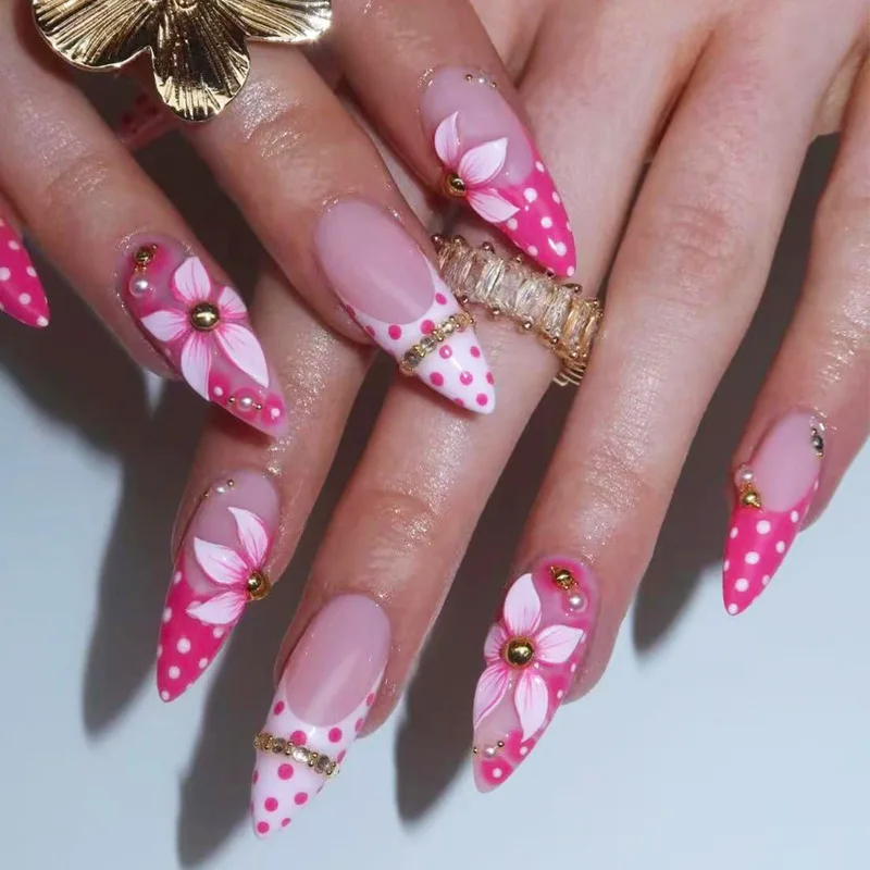 24pcs Flower Pearl Almond False Nails Sets Diamond Design Stick on Nail Tips Polka Dot Stripe French Round Press on Fake Nails