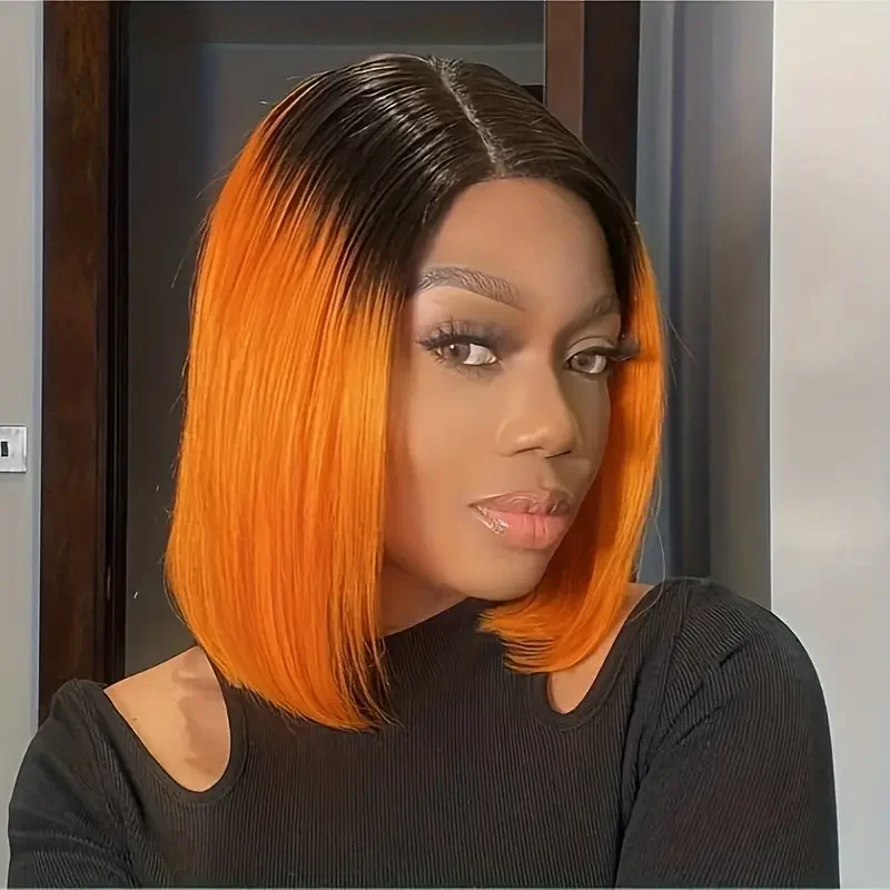 

Black Ombre Ginger Orange Short Bob Cut Wigs 180% Density Straight 13x4 Lace Front Virgin Brazilian Human Hair Wigs For Women