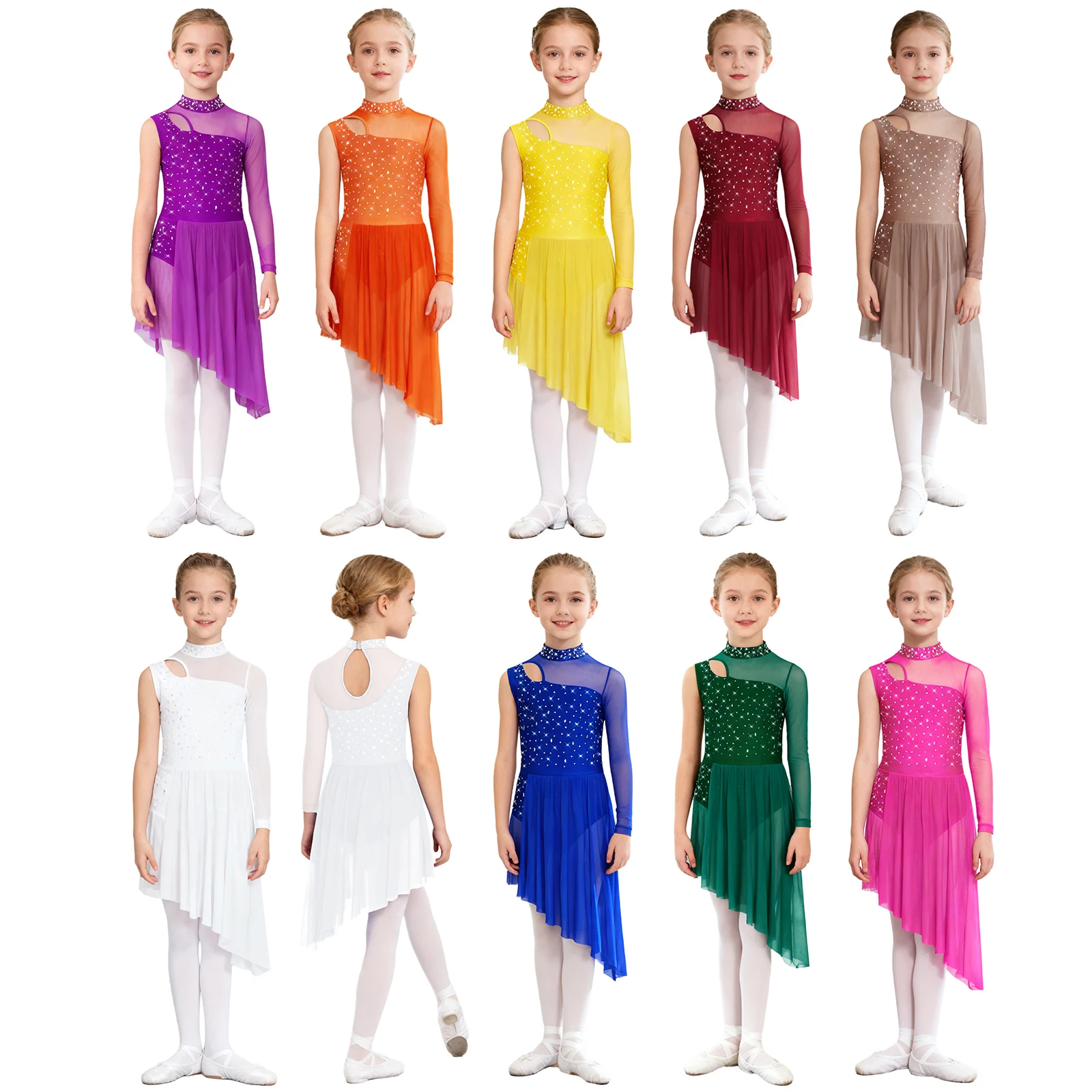 Kids Girls Lyrical Dance Dress Mock Neck Cutout Sheer Mesh Patchwork Shiny Rhinestones Side Split Asymmetrical Dancewear