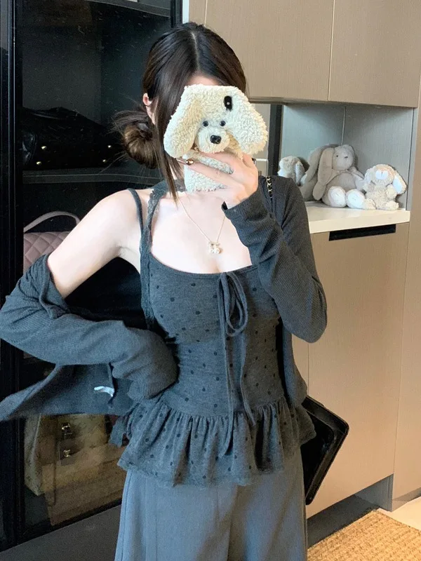 

Gray Knitted Cardigan Women's Spring Autumn New Polka Dot Knot Strap Vest Base Shirt Two Piece Set Girl's Fashion