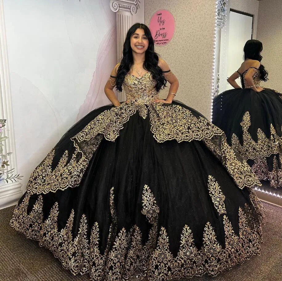 Black Sweet 16 Quinceanera Dresses gold applique off shoulder Ruched Ball Gown Birthday Party Wear Vestido De 15 Anos