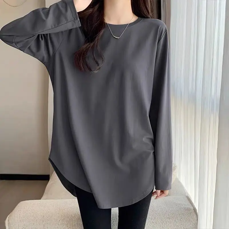 

Fashion O-Neck Loose Solid Color Irregular T-Shirt Female Clothing 2023 Autumn Winter Casual Pullovers Asymmetrical Tee Shirt