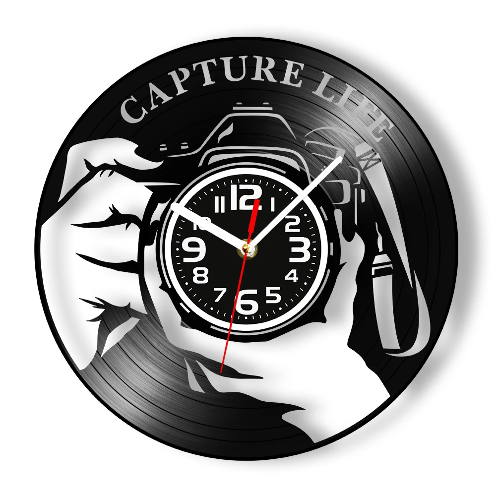 Photographer Camera Vinyl Record Wall Clock Silent Non‑Ticking Clock Capture Life Vintage Wall Art Decor For Photography Lovers