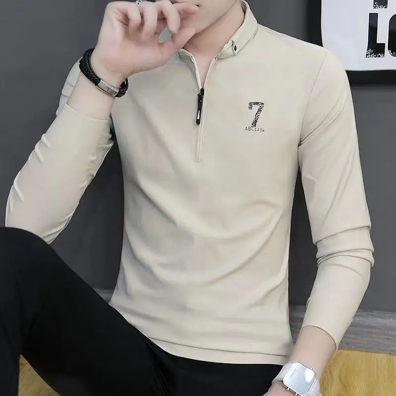 Men's Slim Fit Thin Long Sleeve Polo Shirt Spring Fall Youth & Middle-Aged Trendy Stand Collar Top