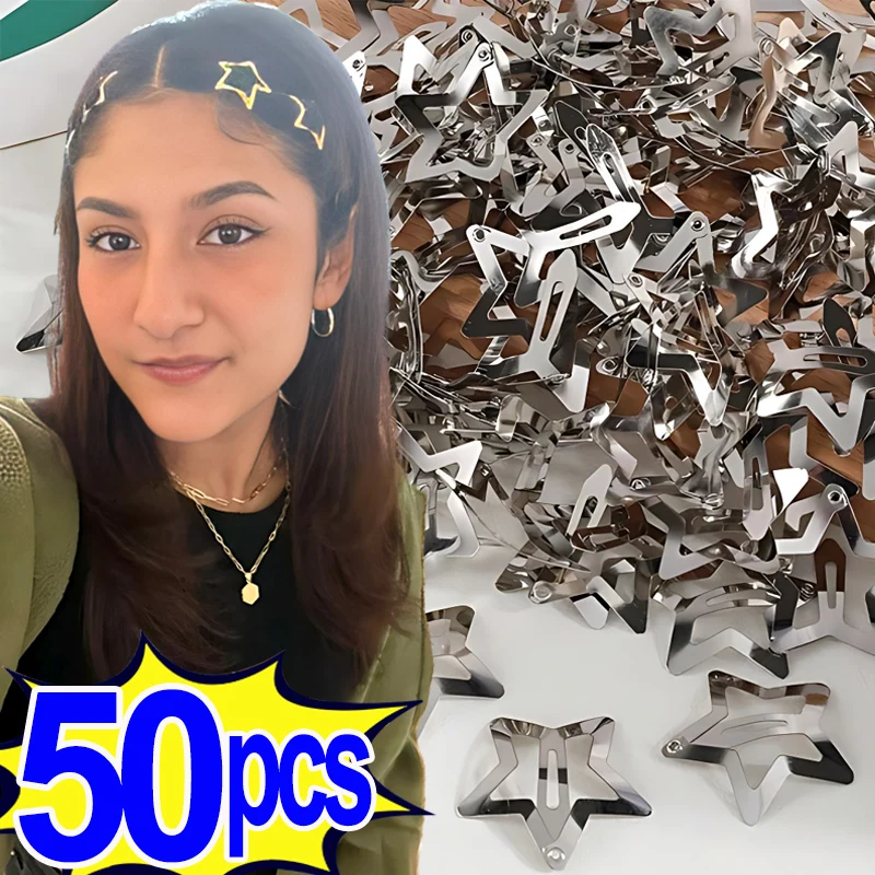 2/50pcs Silver Star BB Hairclips Girls Y2K Cute Star Barrettes Women Simple Metal Snap Clip Headdress Hair Jewelry Accessories