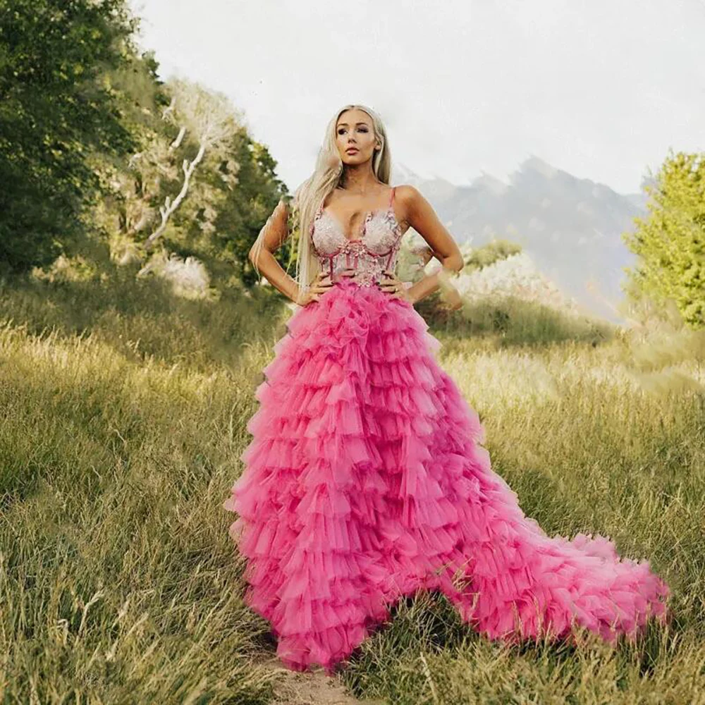 Pretty Lush Pink Gowns For Photo Shoot Applique Long Train Extra Puffy Ruffled Bridal Dresses Layered Lace Up Back Tulle