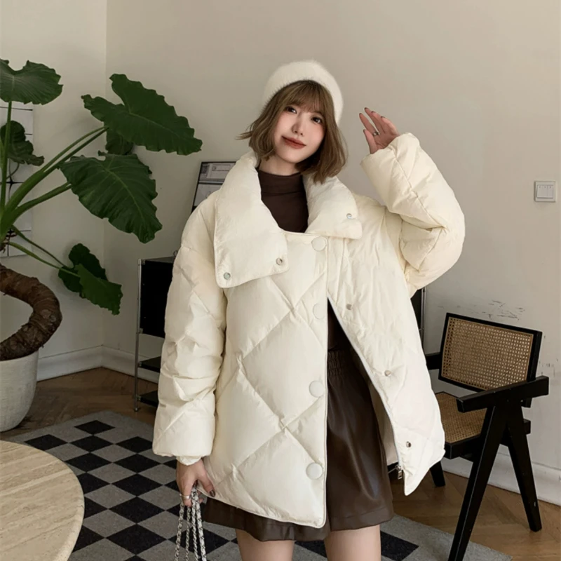 Women\'s Mid-length Jacket, Korean Winter Coat Diamond Lattice Outerwear Stand-up Collar Casual Puffer Down Jacket Female Fashion