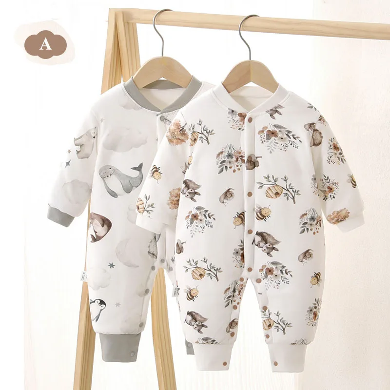 Xmas 2025 Baby Winter Kids Cotton Thicken Jumpsuit Class A Skin Friendly Integrated fully open buckle Animal Print Outfit