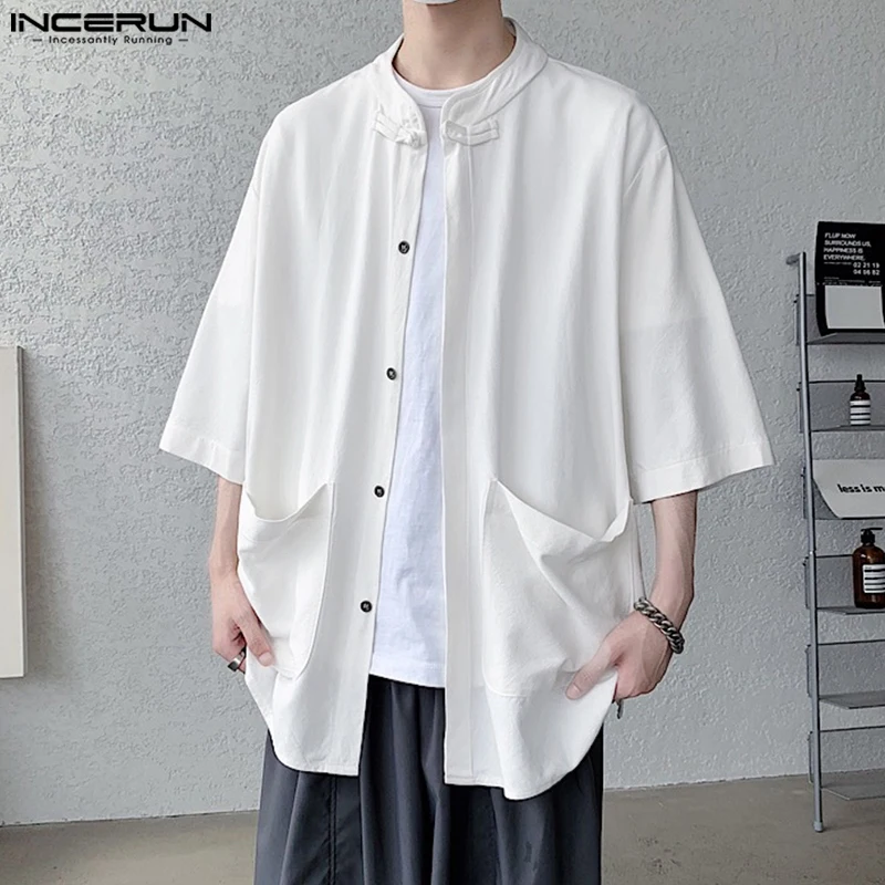 

INCERUN Men Shirt Solid Color Stand Collar Half Sleeve Vintage Casual Men Clothing Streetwear 2025 Retro Leisure Male Shirts