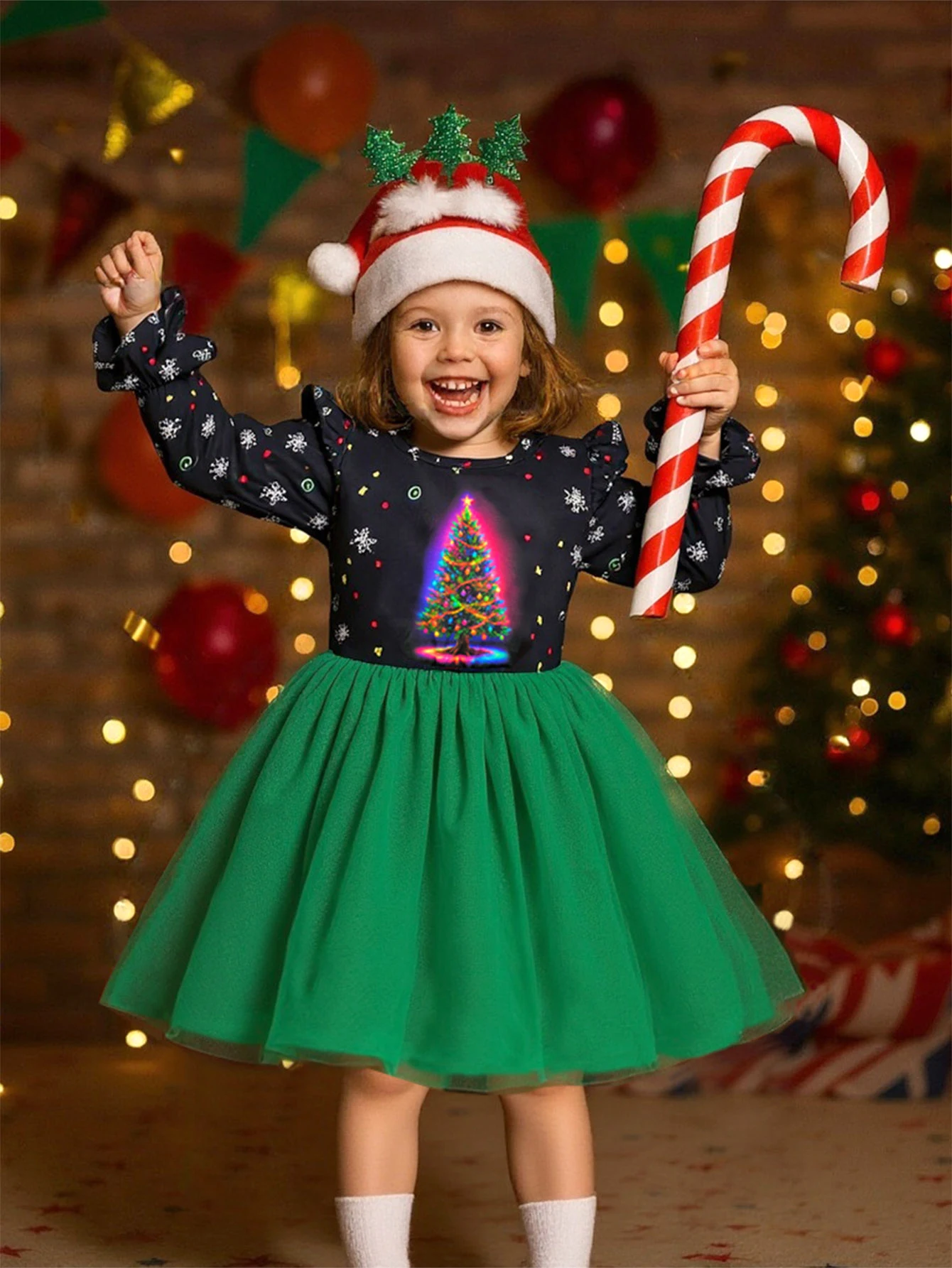 Toddler Girls Christmas Dress Glowing Xmas Tree Print Long Sleeve Ruffle Green Tulle Tutu Dress Kids Holiday Party Costume