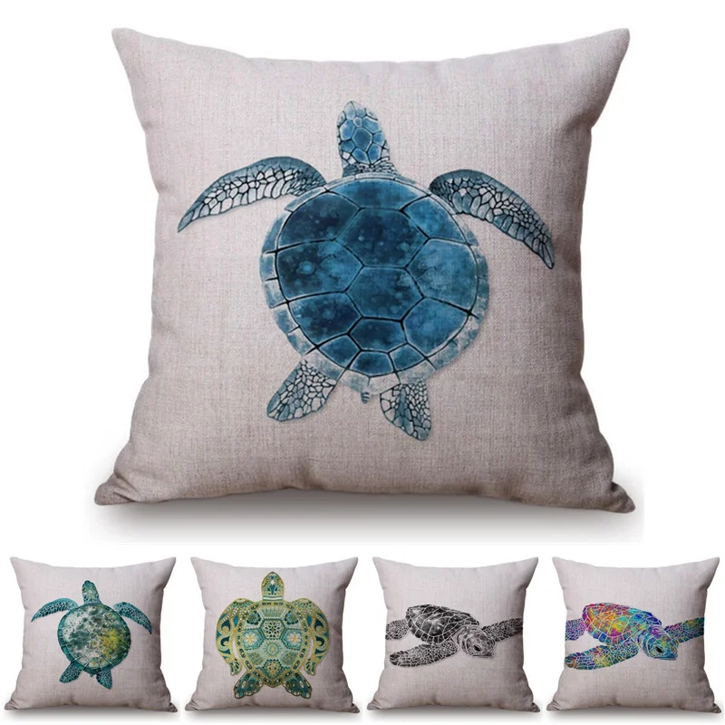 Blue Ocean Turtles Watercolor Decoration Pillow Case Whale Jellyfish Pattern Style Cotton Linen Car Sofa Cushion Cover cojines