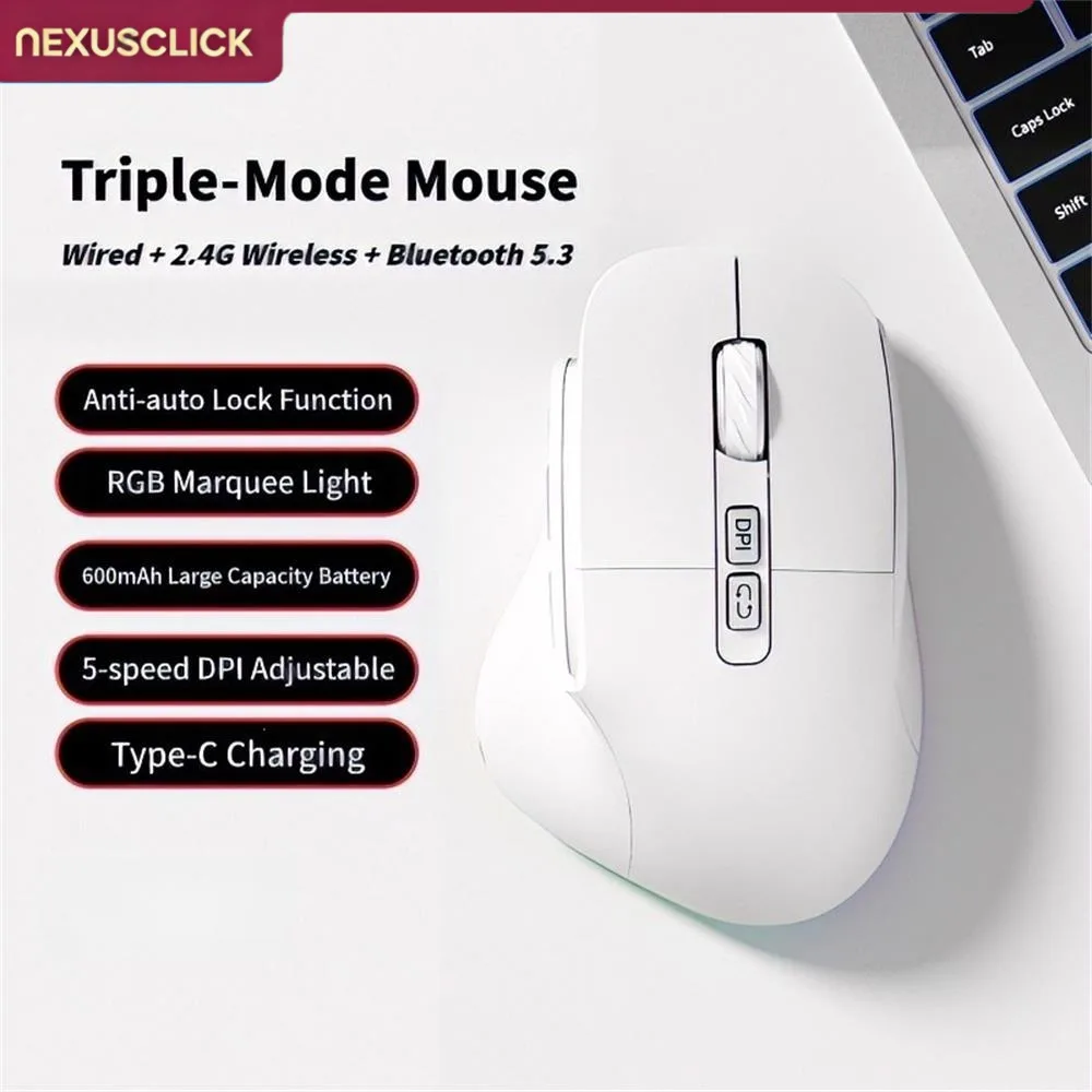NexusClick New Vertical Wireless Mouse, Ergonomic Rechargeable Tri-Mode Mouse Adjustable DPI Gaming Office Mice Computer Mouse