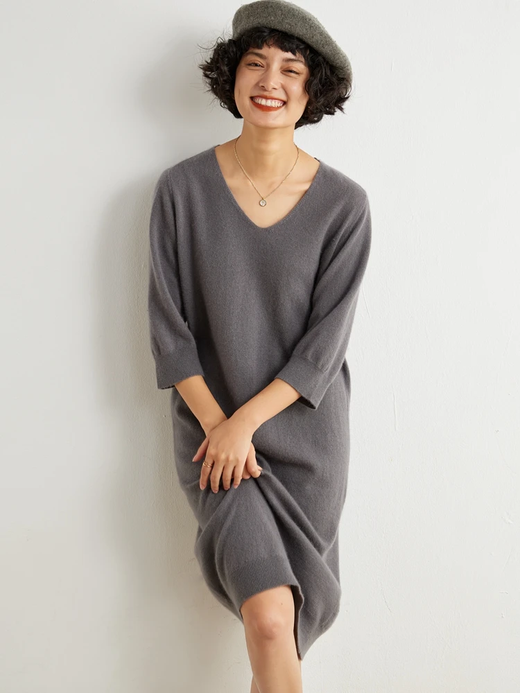 Hot Sale 100% Cashmere High-end Women Loose Long Sweater Dress Autumn Female Short Sleeve Soft Knitted Dresses Ladies Clothes