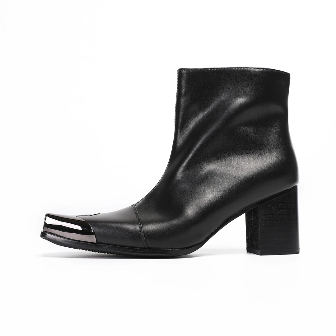 Black Men's Chelsea Boots, Metal Square-Toe Dress Boots, Solid-Color Genuine Leather, Handcrafted Fall Shoes - view 4