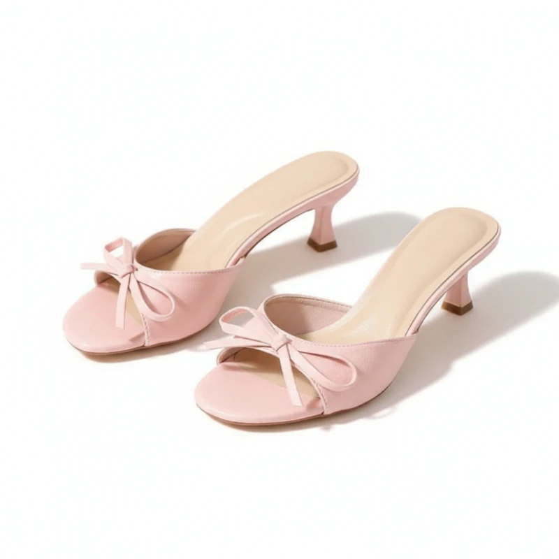 

Women’s Sweet Butterfly Knot Kitten Heel Slippers Elegant Round Toe Open Toe Slides Fashion Shallow Dress Shoes Summer Footwear