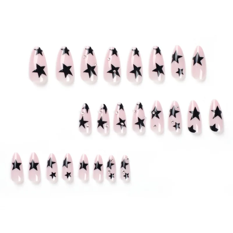 Uñas postizas reutilizables con Estrellas Negras para mujer, uñas postizas con diamantes, ovaladas, almendra, medio largo, prensatelas con pegamento, 24 piezas