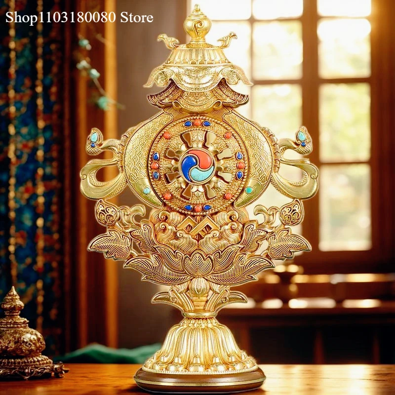 25cm Copper gilding Eight auspicious things statue inlay Tibet Ashtamangala sculpture