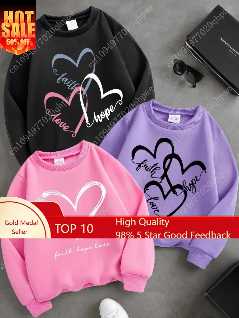 

3-piece Set Spring Baby Girls Sweet Sweatshirts Kid Heart Printed Pullover Children Purple Black Pink Long Sleeve T-shirts Top