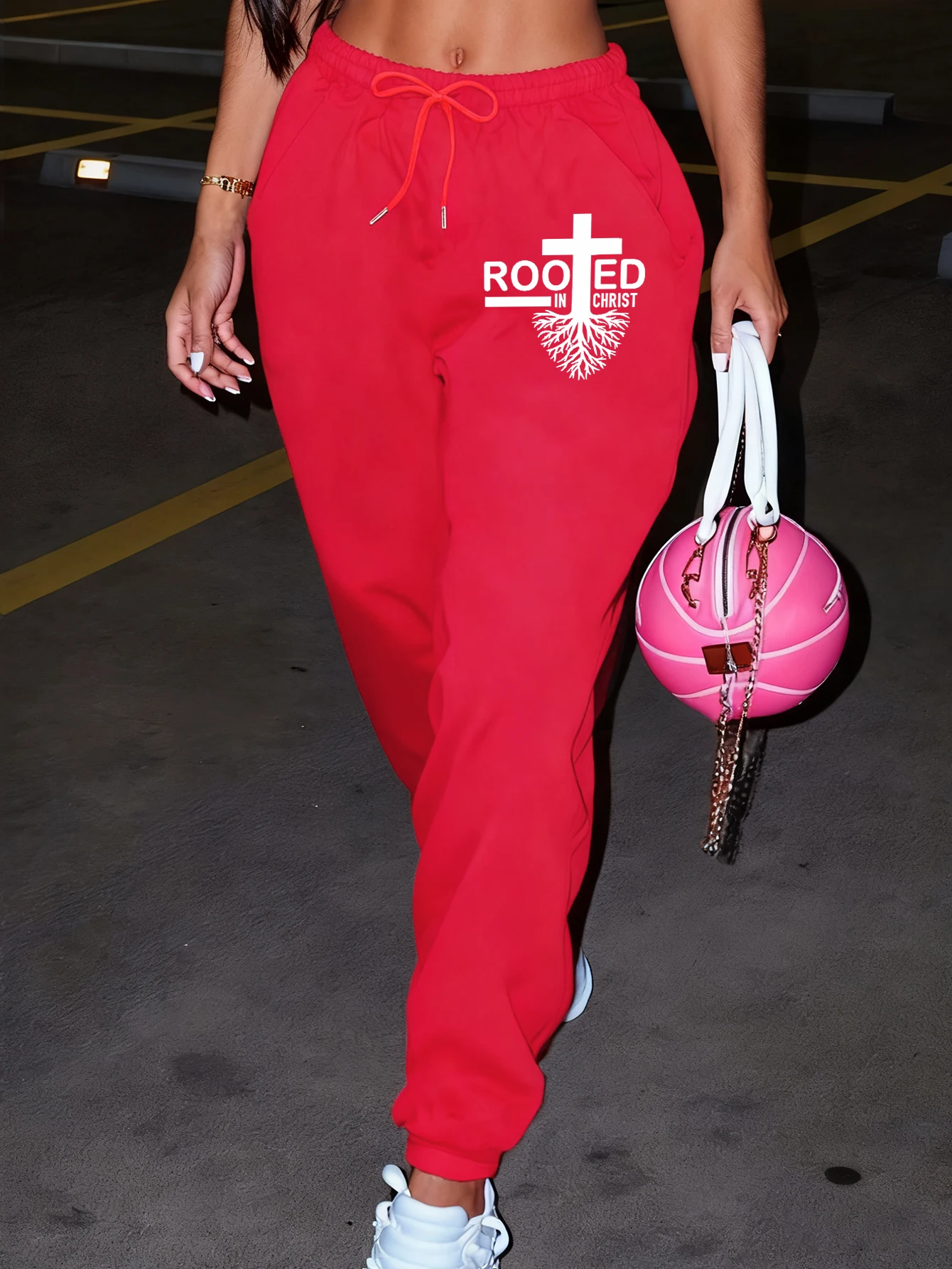 Rooted In Christ Stampa Pantaloni sportivi versatili alla moda Pantaloni lunghi da donna casual da strada Pantaloni in pile caldo Tasca da jogging Britches