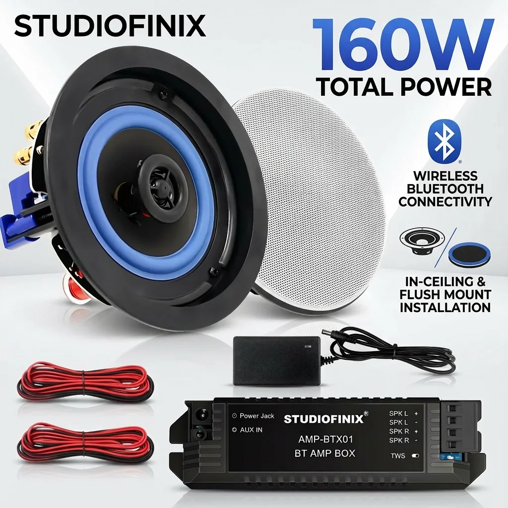 

STUDIOFINIX 4" Bluetooth Ceiling Speakers 160W 2-Way Wired Surround Sound for Living Office Kitchen Study Basement & Patio Flush
