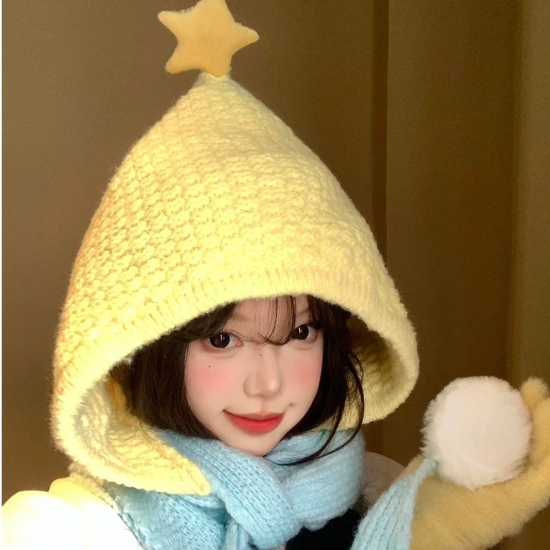 Christmas Elf Balaclava Hat With Scarf Women Cute Pointy Star Yellow Beanie Hat Winter Warm Hooded Neck Daily Holiday Party Gift
