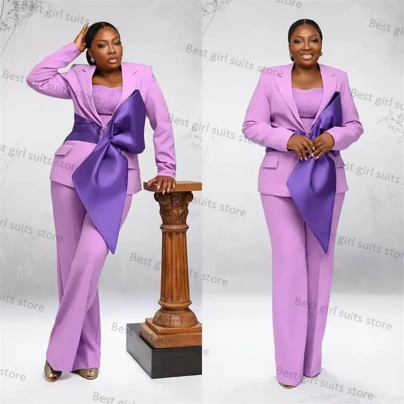 

Lavender Purple Women Suits Pants Set 2 Pieces Blazer+Trousers Office Lady Jacket With Belt Wedding Tuxedo Prom Coat Custom Made