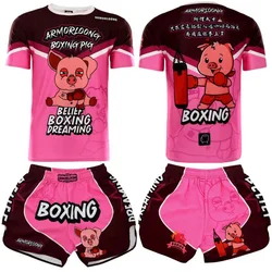 Muay Thai Shorts MMA T Shirt Pink Pig Boxing Training Suit Men Women Kids Matching Kickboxing Thaiboxing Shorts Rashguard Set