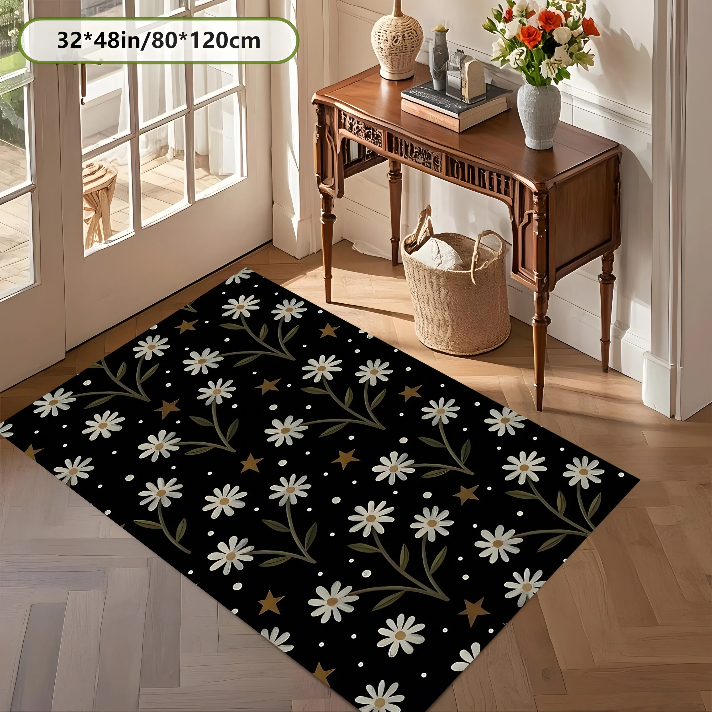 2D Large Carpet Black Background Daisy Starry Floral Gentle Retro for Living Room Bedroom Bedside