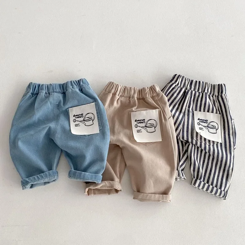 

2025 New Spring Kids Patch Casual Pants 0-5T Girls Boys Fashion Stripe Trousers Children Solid Denim Jeans Britches