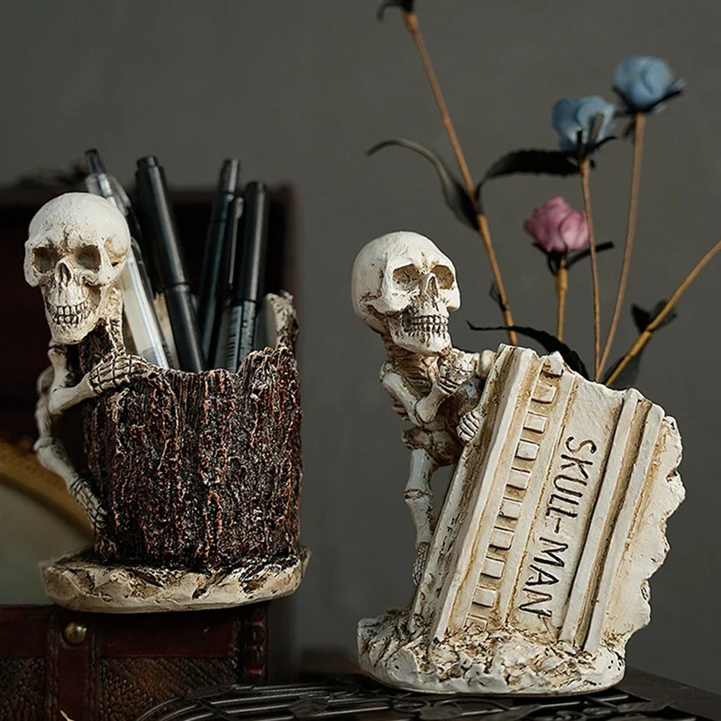 استمتع بفرشاة الماكياج الجديدة حامل الهالوين الهيكل العظمي الراتنج تمثال قلم رصاص الحاويات حامل سطح المكتب القرطاسية المنظمون للأقلام