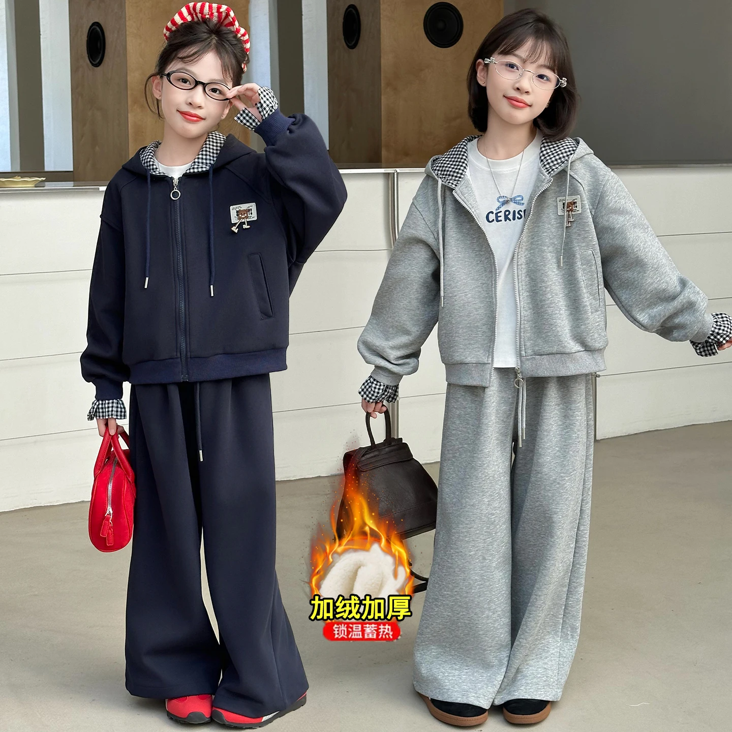 autumn winter teen girl plush sport clothes suit thicken plush hooded jacket+wide-leg pants 2piece set chid kid clothing outfits