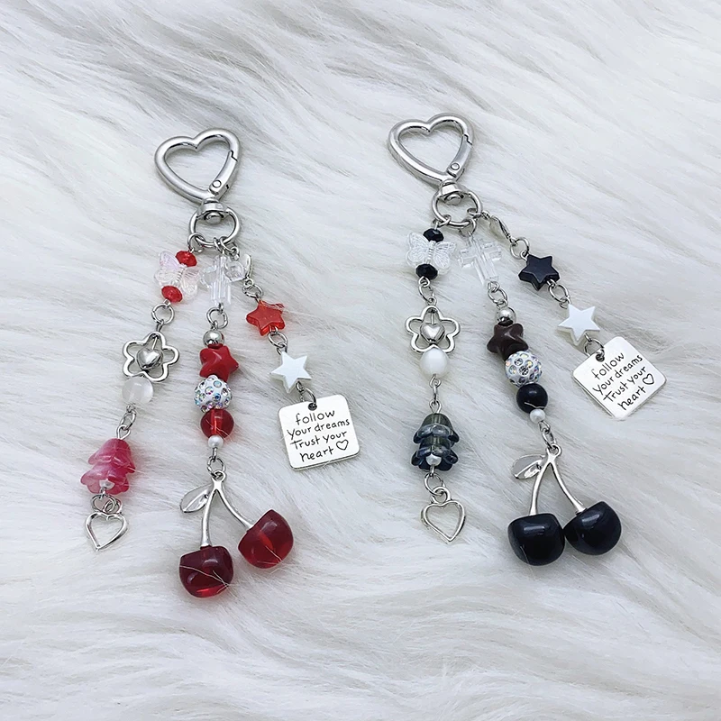 

Y2K Sweet Cool Personality Cherry Keychain Creative Beaded Keyring Bag Pendant Earphone Mobile Phone Chain Girls Good Gifts