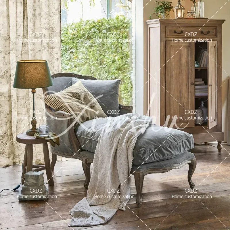 Solid Wood Chair Cotton Linen Fabric Recliner Leisure Armchair for Living Room Villa Master Bedroom Bedside Beauty Couch