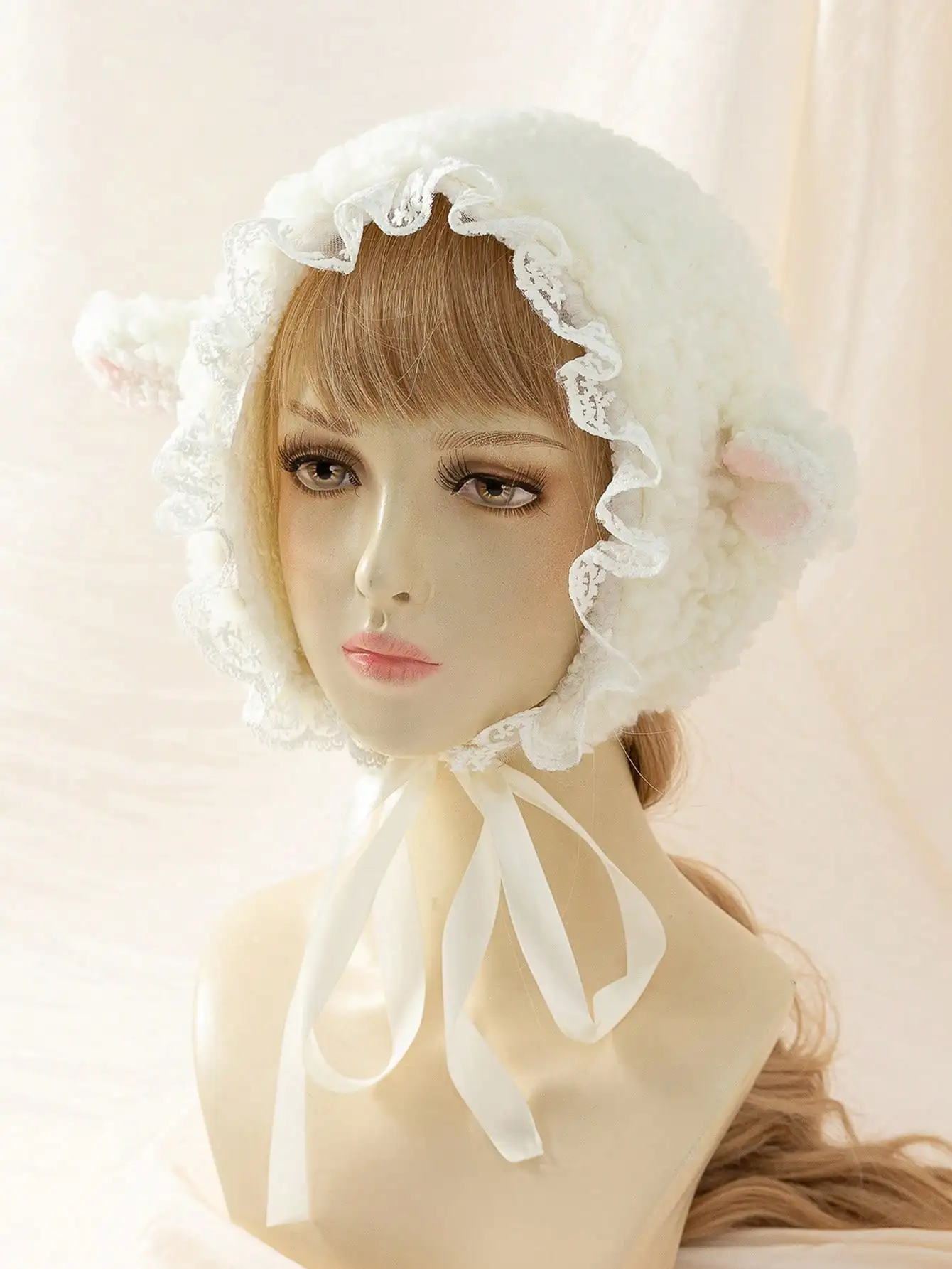 1pc Women's White Lace & Ear Warmer Hat, Cute Cartoon Lamb Design, Soft & Warm, All-Match Halloween Winter Fall Valentine's Day Valentines Sleep Bonnet，sc2302202201353035