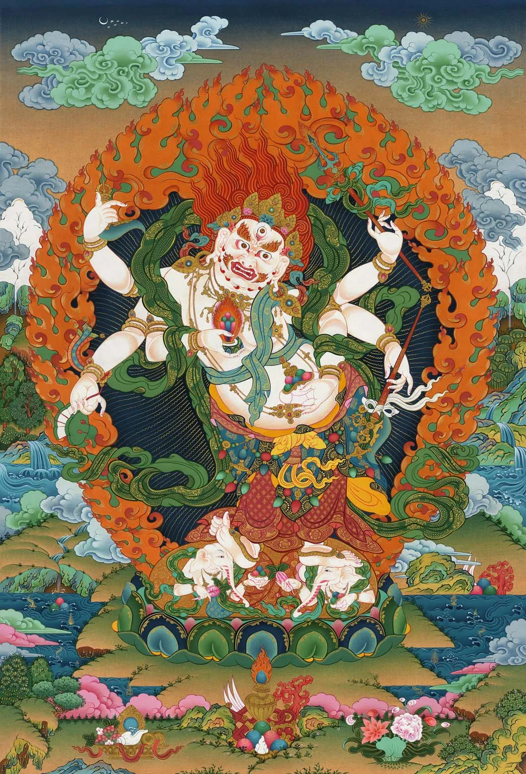 

White Mahakala Thangka,Gandhanra Tibetan Buddhist Thangka Art,Giclee Printed and Hand Framed,47" × 32"