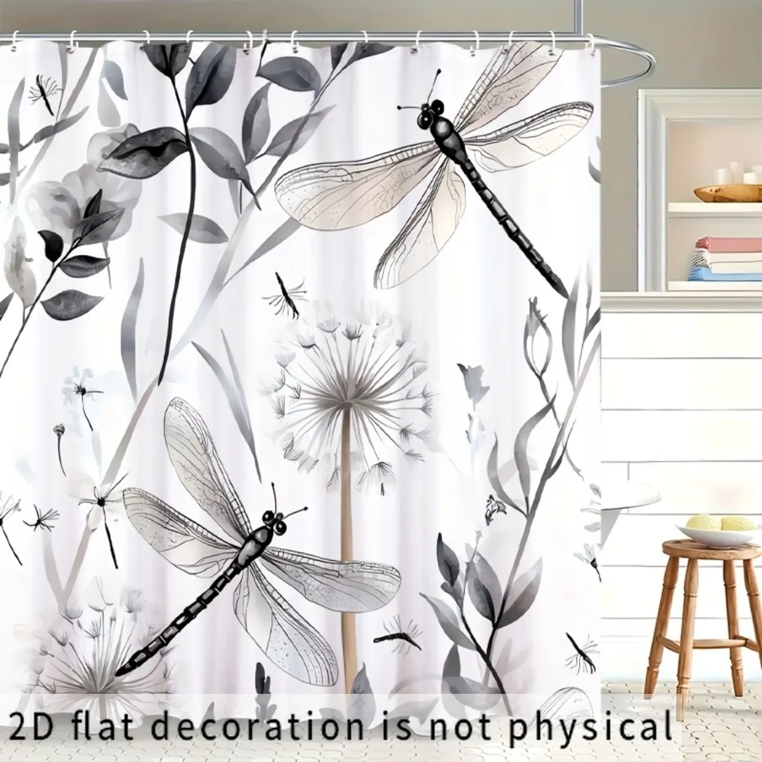 2D Flat, 2D Flat Shower Curtain, 1pc, Dragonfly and Dandelion Pattern, Designed in a Gray, Black, and White Watercolor Style. Ma