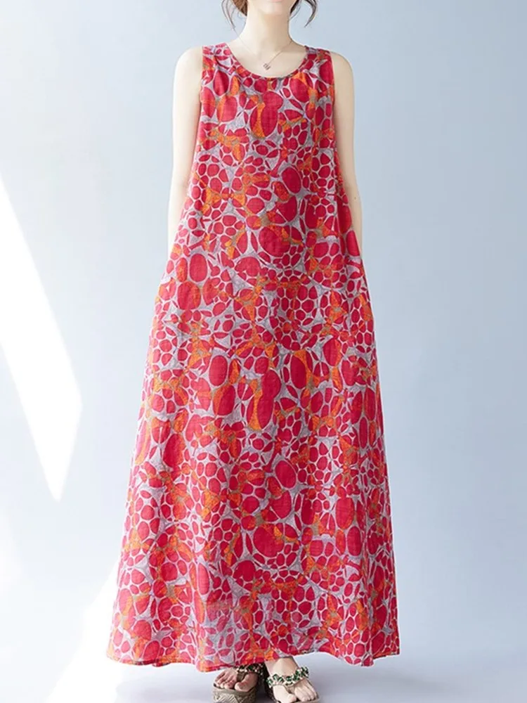 فساتين قطنية عتيقة بدون أكمام كبيرة الحجم جديدة في الفساتين للنساء فستان صيفي طويل فضفاض غير رسمي ملابس أنيقة 2025 #6