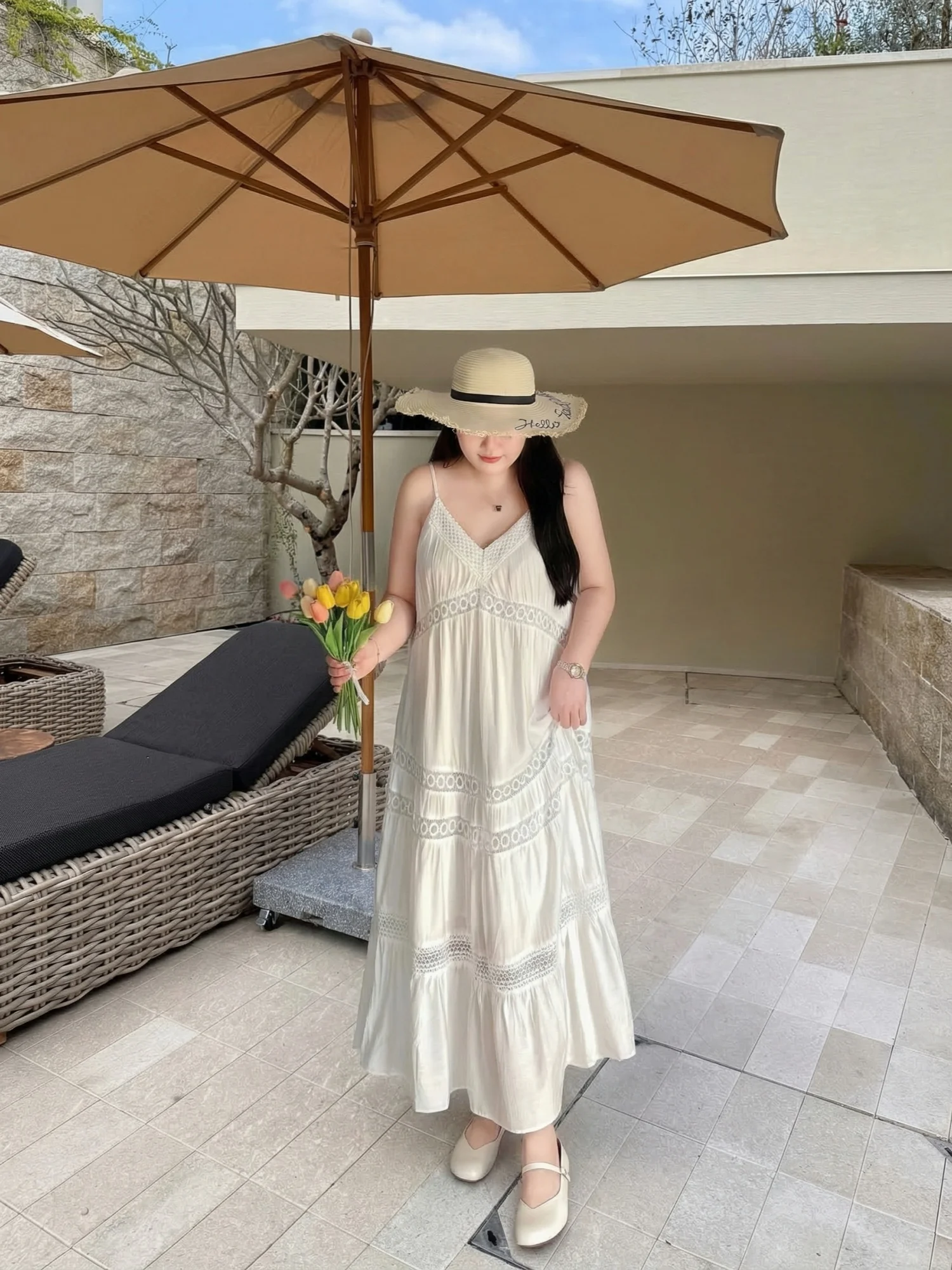 

Summer V-neck Lace Splicing Strapless Dress Large Size Women's Gentle Long Skirt Commute Style A-line Cotton Blend Dress