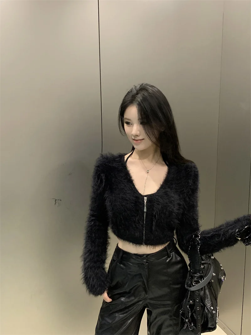 

Women Sexy Short Cardigan Top Autumn Fake Mink Knit Zippered Sweater