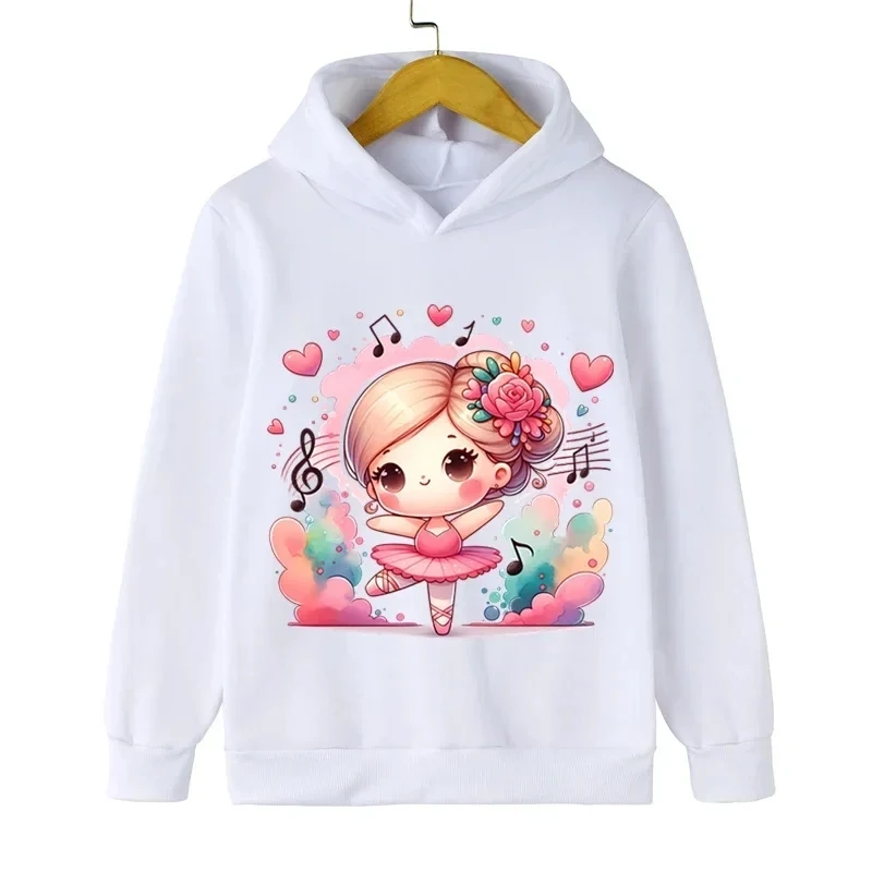 Watercolor Ballerina Print Cute Children Hoodies Casual Loose Long Sleeve Tops Sweatshirts Kids Cartoon Coat Autumn Winter Cloth