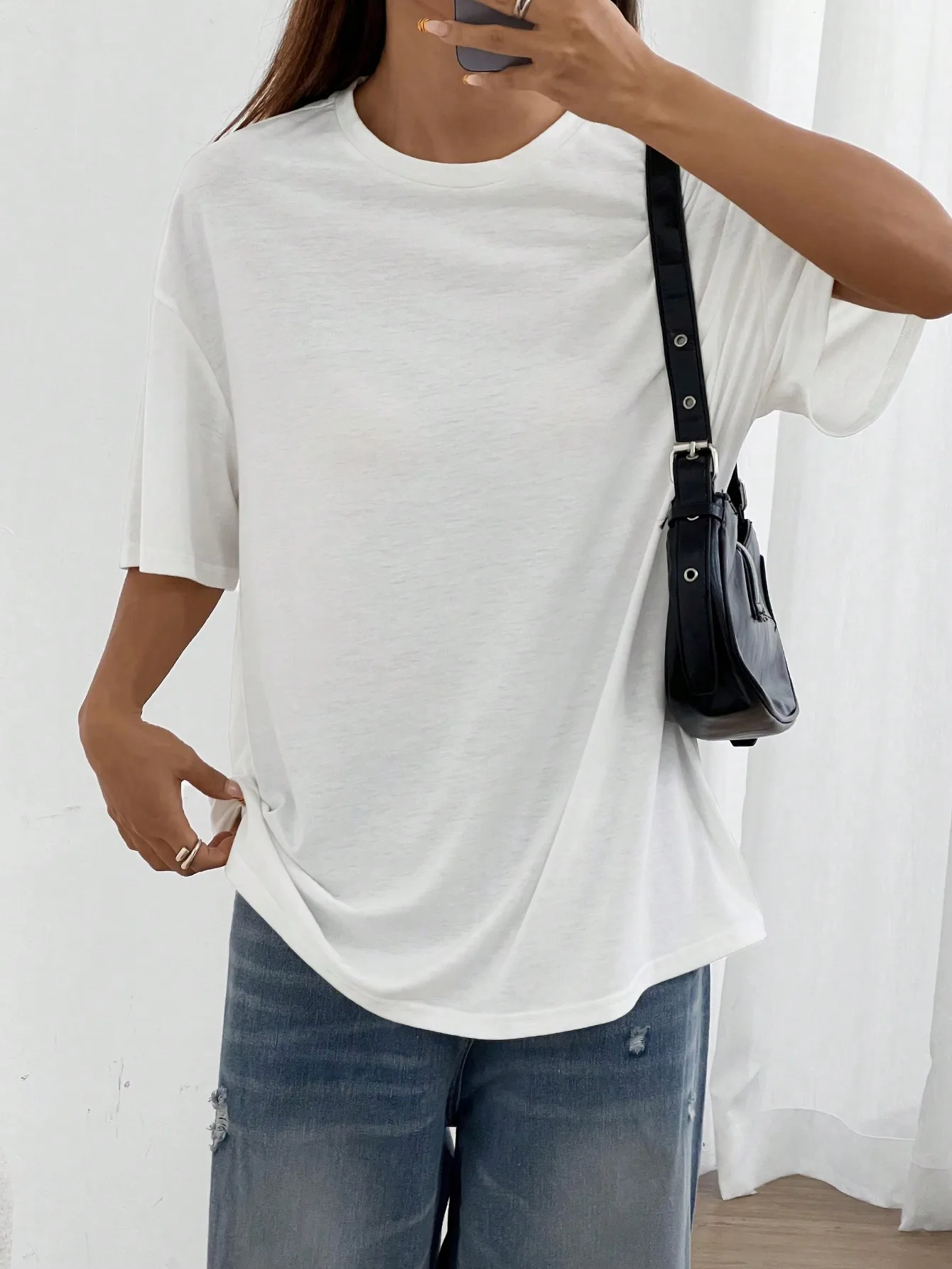 women's summer top Solid color T-shirt women's short sleeved T-shirt fashion casual sports white  loose round neck