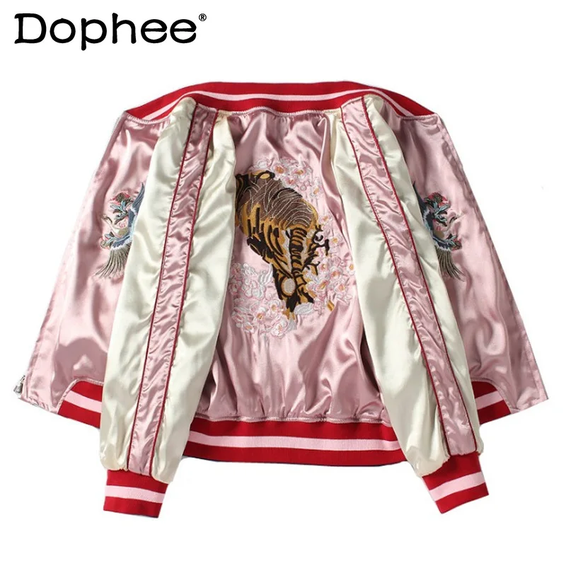 

Yokosuka Japanese Style Tiger Embroidered Baseball Jacket Womenxretro Harajuku Coats Women Loose Reversible Baseball Uniform