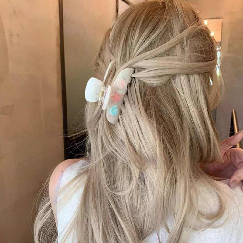 Ocean Pattern Acetate Hair Claws For Women Starfish Shell Print Hair Clips Holiday Claw Clamps Ponytail Holder Stylish Accessory