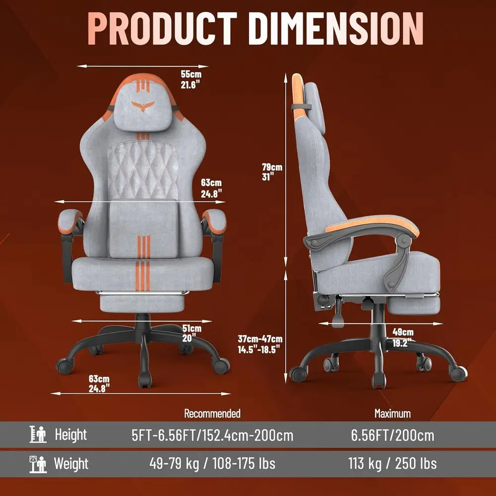 كرسي ألعاب مريح عالي الظهر مع مقعد أوسع وتدليك قطني، رمادي/برتقالي #3